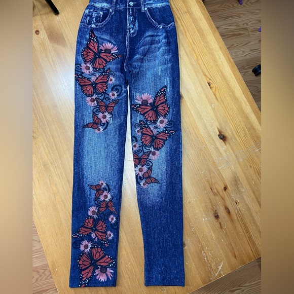 Blue Pants with Red Butterfly Jean Design - Picture 1 of 4